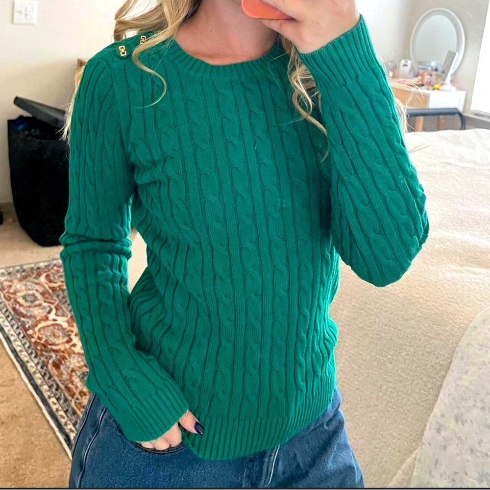 Charter Club Pullover Sweater Teal Cable Knit Button Detail Women’s Size Small
